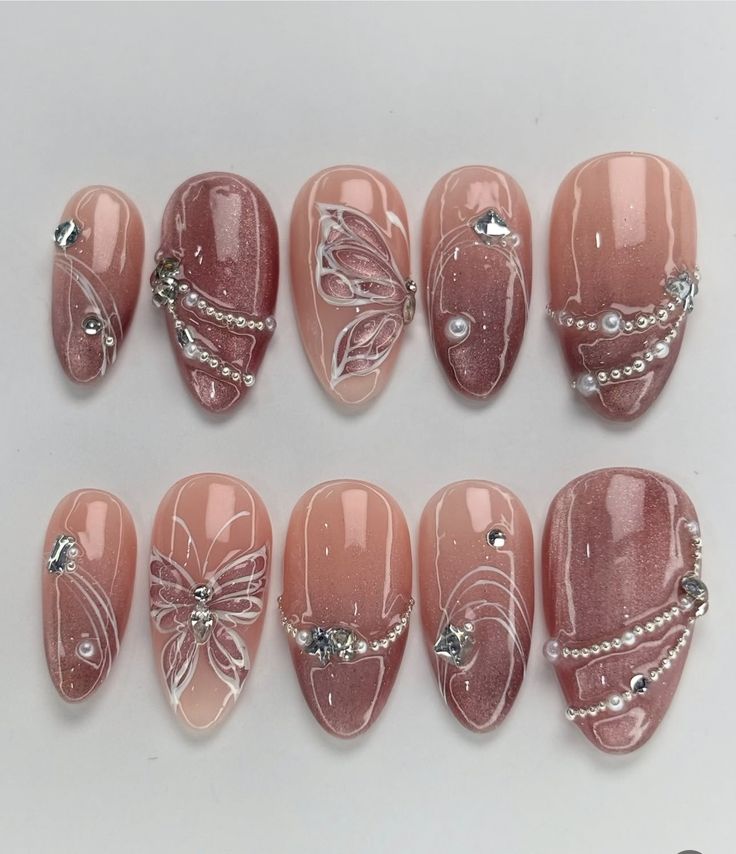 N54 Pink Butterfly  Nails Set