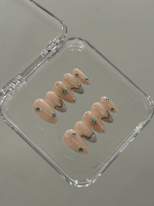 N196 Aqua Rhinestones Nails