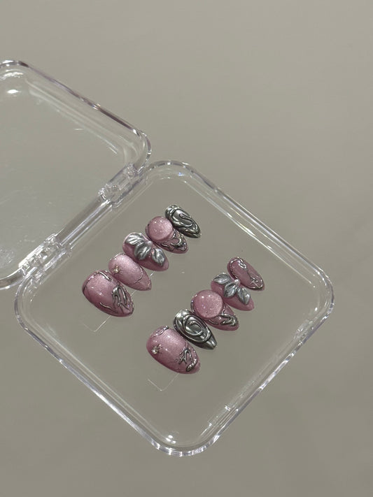 N170 Pink Silver Short Nails