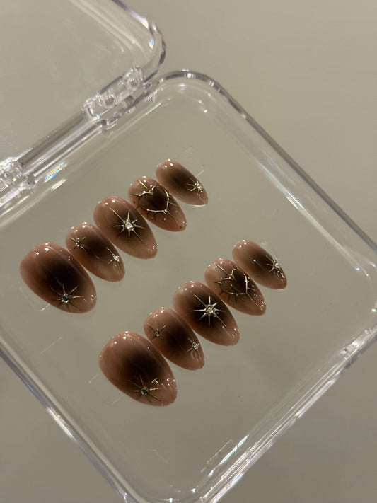 N349 Brown Ombre Star Nails