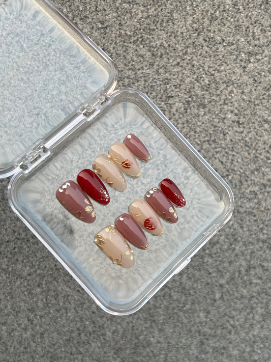 N130 Red Floral Nails Set