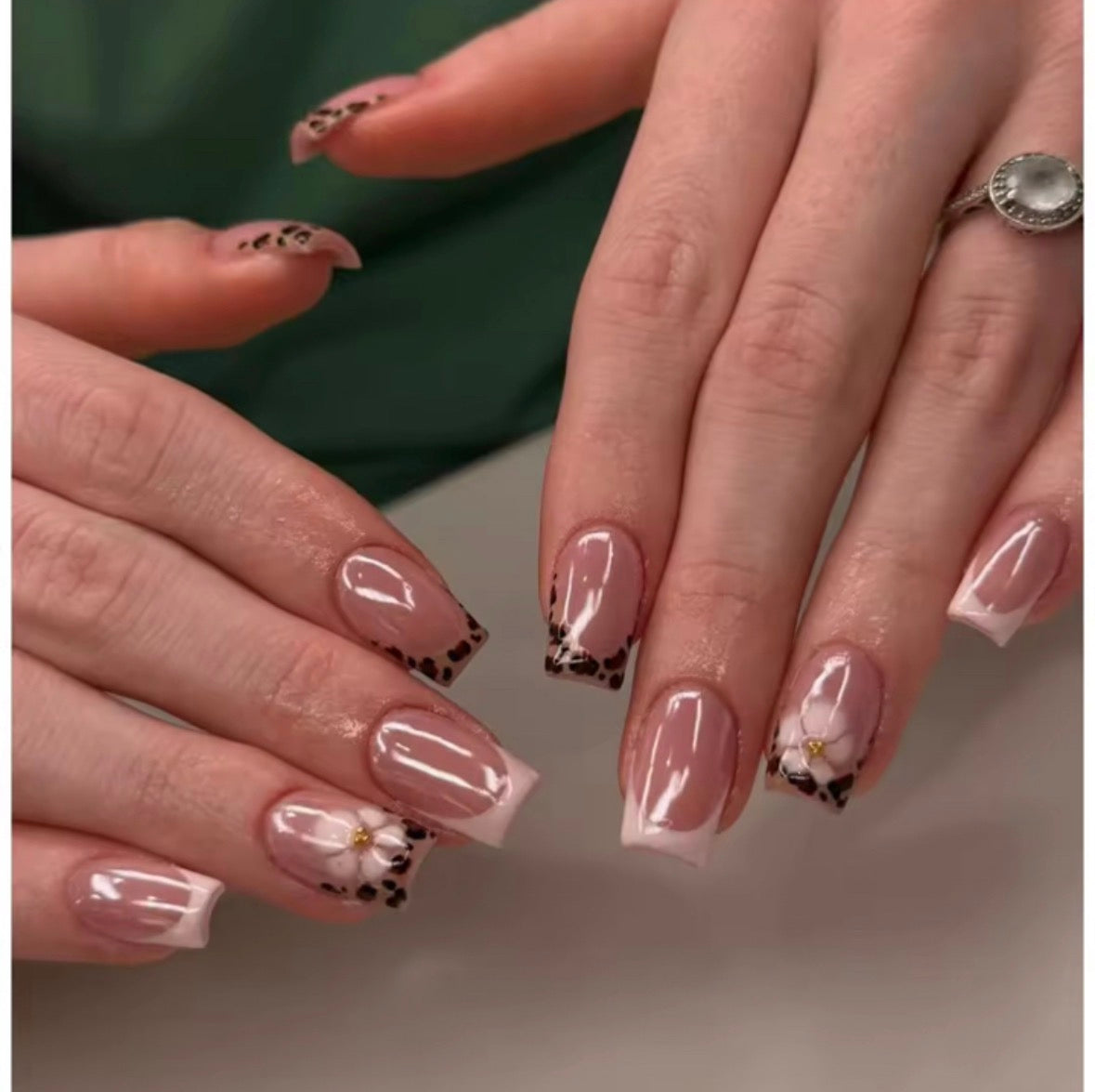 N206 Square Floral French Nails